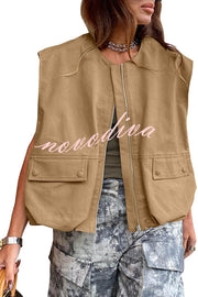 Fashion Zipper Sleeveless Pocket Loose Vest Jacket