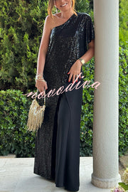 Party Favors Sequin One Shoulder Ruffle Detail Wide Leg Evening Jumpsuit