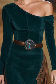 Stylish Slant Collar Long Sleeve Slim Fit Tassel Midi Dress