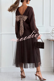 Gisella Knit Back Slit Leopard Print Bow Design Long Sleeve Relaxed Sweater