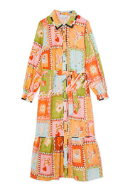 Linen Blend Unique Printed Long Sleeve Lapel Tie-waist Midi Dress