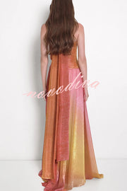 Vireya Metallic Fabric Gradient Print Ruched Cutout Halter Maxi Dress