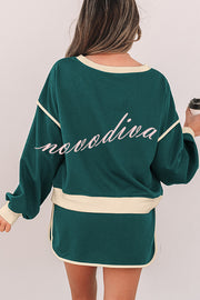 Fashion Round Neck Long Sleeve Spliced Casual Top and Elastic Waist Loose Shorts Set