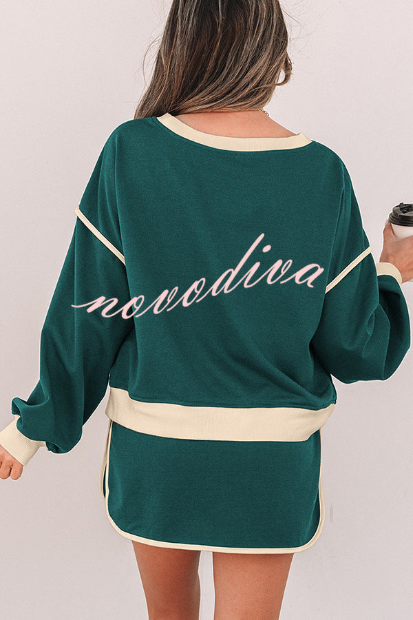 Fashion Round Neck Long Sleeve Spliced Casual Top and Elastic Waist Loose Shorts Set