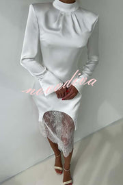 Melissa Satin High Neck Long Sleeve Curved Hem Top and Lace Midi Skirt Set