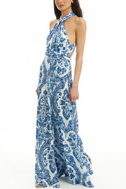 Greek Island Printed Cross Back Halter Flowy Maxi Dress