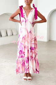 Unique Printed V-neck Sleeveless Lace-up Waist Maxi Dress