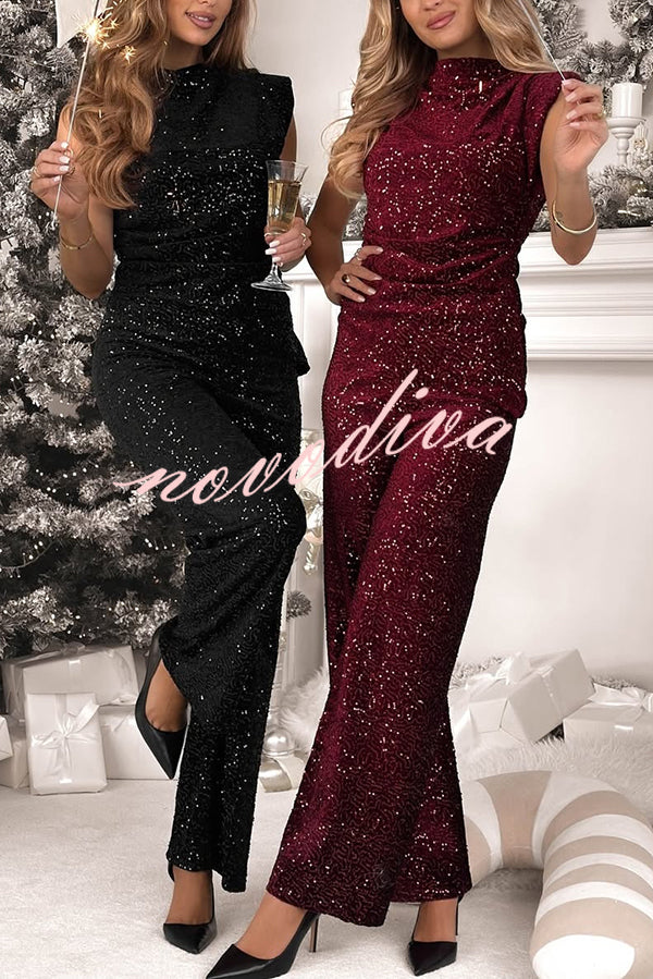 Stylish Sparkly Velvet Sequin Sleeveless Pleated Top and Casual Wide-leg Pants Set