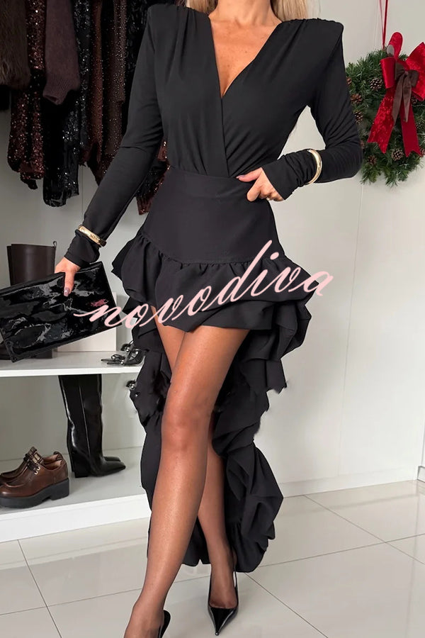 Toast To Midnight Solid Color V-neck Long Sleeve Slim-fit Bodysuit