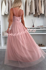 Solid Color Tulle Halter Back High Slit Maxi Dress