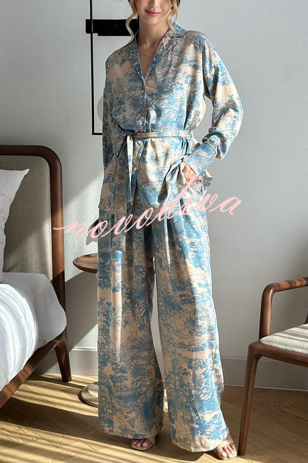 Unique Print Long-sleeved Tie Shirt and Elastic High-waist Wide-leg Pants Set