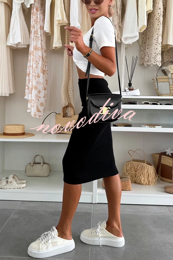 Perfect Basics Ribbed Knit Elastic Waistband Stretch Midi Skirt
