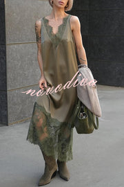Luxury Winter Satin Lace Trim V-neck Sleeveless H-line Maxi Dress
