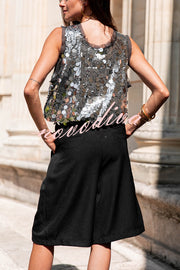 Fashionable Sequined Round Neck Sleeveless Loose Vest