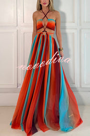 Variety of Styles Tulle Printed Ring Hollow Design Slit Vacation Maxi Dress