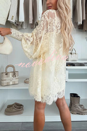 Night Rose Lace Bow Neck Long Balloon Sleeve A-line Mini Dress