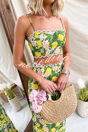 Linen Blend Summer Fruit Print Camisole Top and Elegant Lace Back Slit Maxi Skirt Set