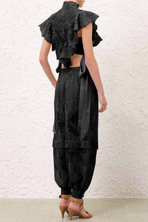 Ellie Lace Gathered Waist Pocket Button Ankle Cuffs Harem Pant