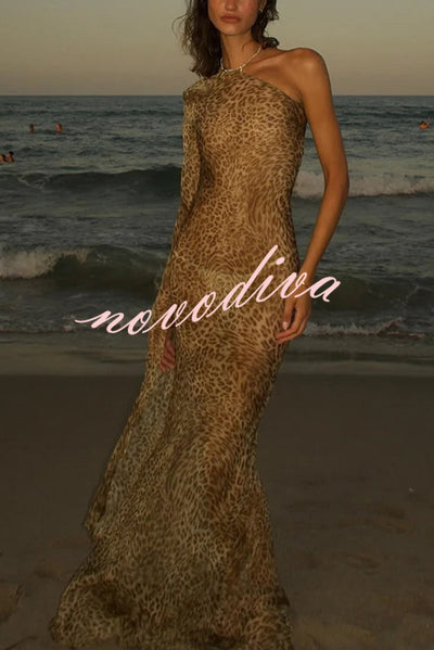 Leopard Print One Sleeve Sexy See-Through Fit Maxi Dress