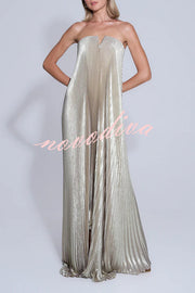 Maya Pleated Metallic Fabric Off Shoulder Asymmetric Hem A-line Maxi Dress