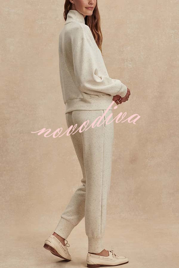 Ivory Marl Fleck Half-Zip Neck Long Sleeve Sweatshirt and Elastic Waist Pocket Jogger Set