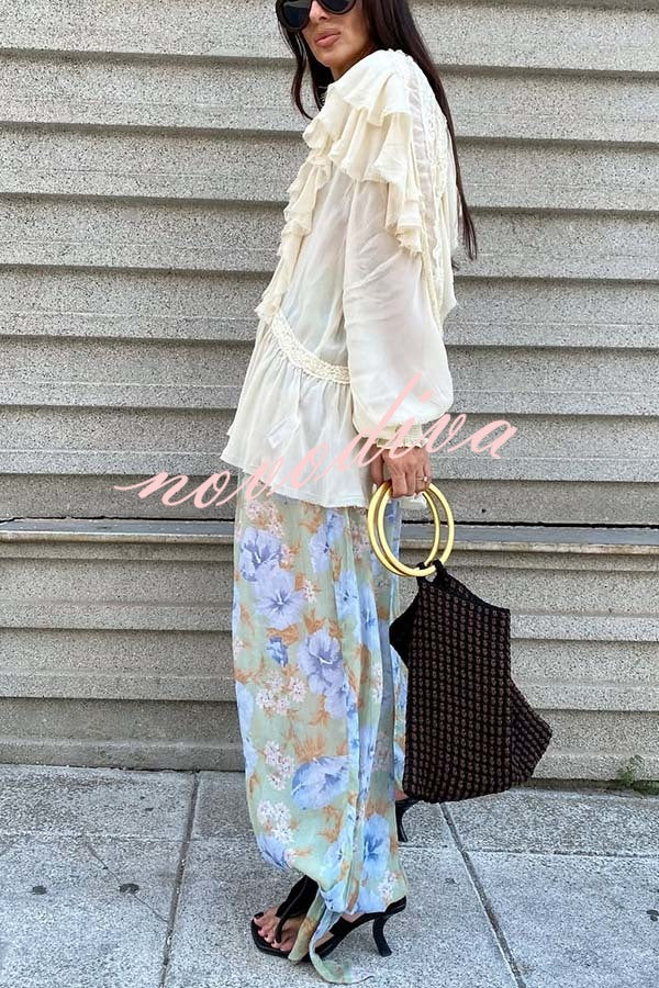 Autumn Boho Chiffon Lace Trim Ruffle Balloon Sleeve Blouse