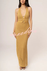 Ocean Dream Crochet Knit Golden Decoration Halter Stretch Maxi Dress