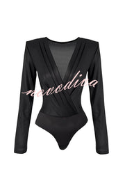 Chic Celebration Glossy Fabric Pleated V-neck Long Sleeve Stretch Bodysuit