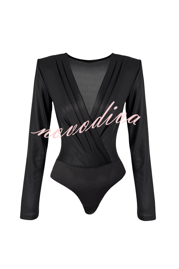 Chic Celebration Glossy Fabric Pleated V-neck Long Sleeve Stretch Bodysuit