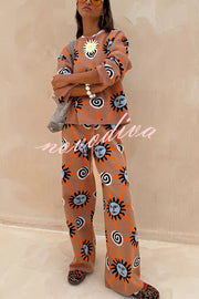 Mediterranean Art Knit Unique Sun Vortex Print Long Sleeve Relaxed Sweater