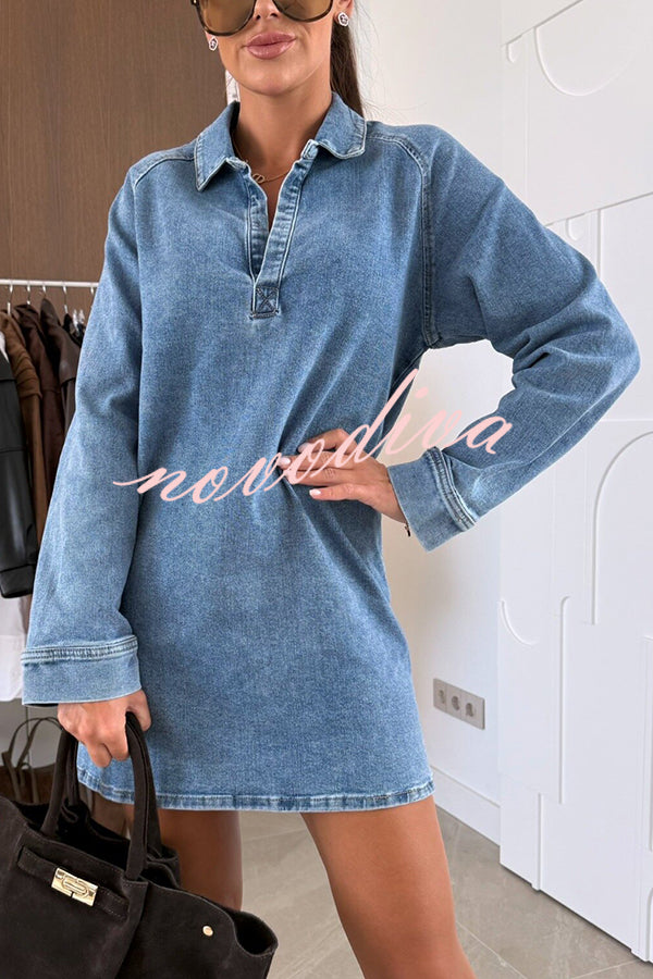 Fashion Lapel Long Sleeve Loose Denim Mini Dress