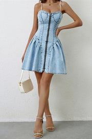Fashionable Patchwork Suspender Zipper Slim Denim Mini Dress