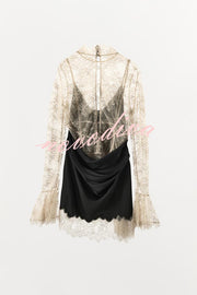 Gothic Romantic Lace Satin Patchwork High Neck Bell Sleeve Loose Mini Dress