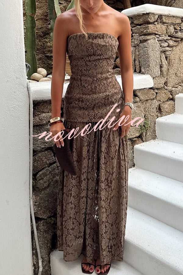 Sepia Kiss Floral Lace Off Shoulder Flowing Hem Maxi Dress