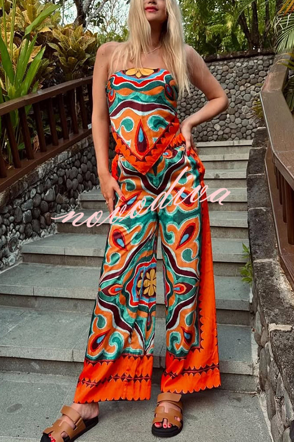 Ethnic Style Unique Print Tube Top and Elastic Waist Casual Pocket Wide Leg Pants Set