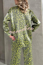 Leopard Print Long-sleeved Casual Top and Loose Elastic Waist Tie Pants Set