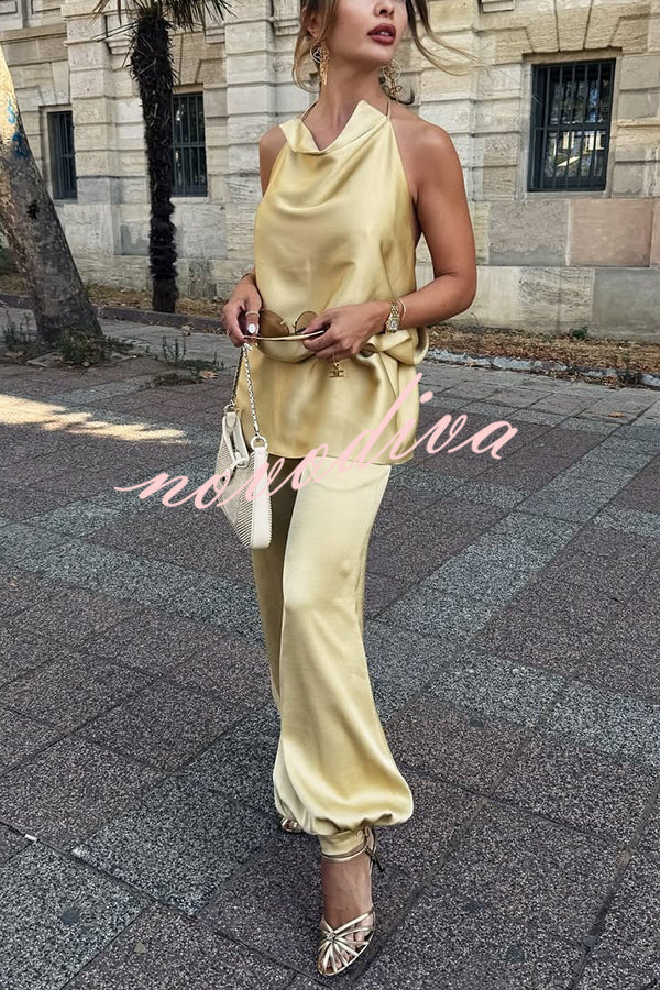 Satin Solid Color Loose Backless Casual Top