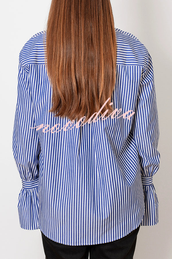 Striped Print Ruffled Long Sleeve Pockets Loose Shirt