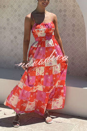 Resort Style Printed Suspender Pleated Loose Maxi Dress