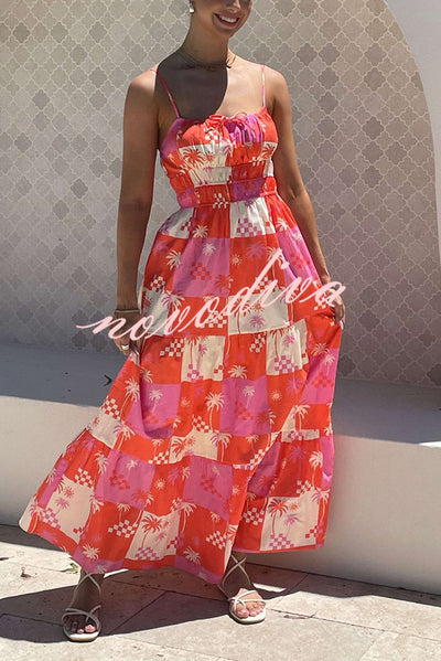 Resort Style Printed Suspender Pleated Loose Maxi Dress