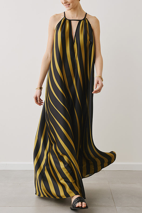 Striped Print V-Neck Loose Beach Vacation Maxi Dress