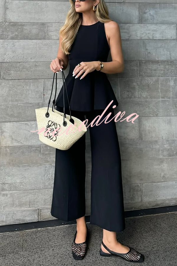 Solid Color Round Neck Sleeveless Casual Top and Loose Straight Pants Set