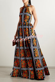 Floral Print Sexy Halter Neck Backless Elegant Maxi Dress