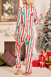 Color-blocked Striped Christmas Print Casual Long-sleeved Shirt and Elastic Waist Pants Set