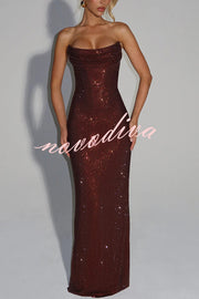 Mirabella Sequin Pleated Cowl Scooped Neckline Back Lace-up Strapless Maxi Dress