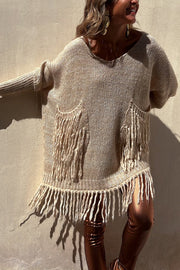 Coming with You Knit Tassel Trim Pocketed Loose Sweater