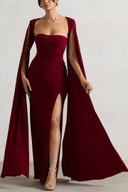 Elegant Goddess Square Neck Twisted Cape Sleeve Slit Maxi Dress