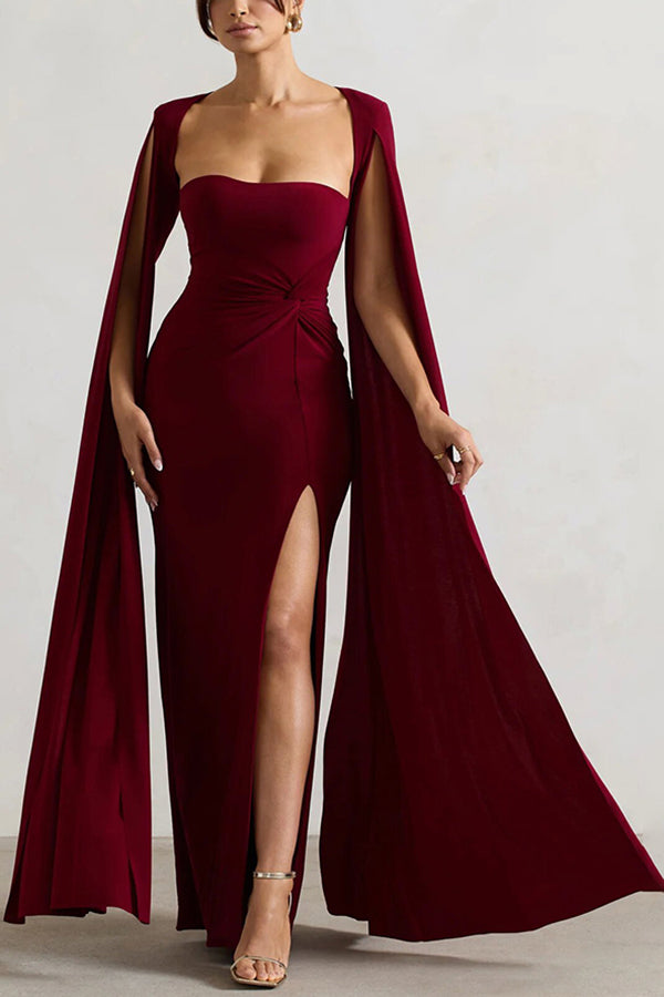 Elegant Goddess Square Neck Twisted Cape Sleeve Slit Maxi Dress