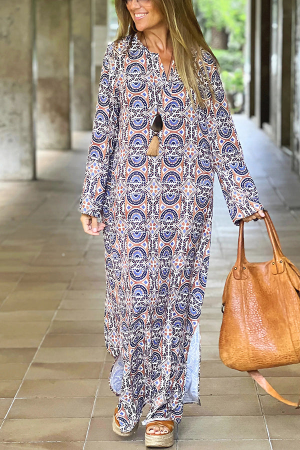 Unique Printed Long Sleeve V-neck Loose Maxi Dress