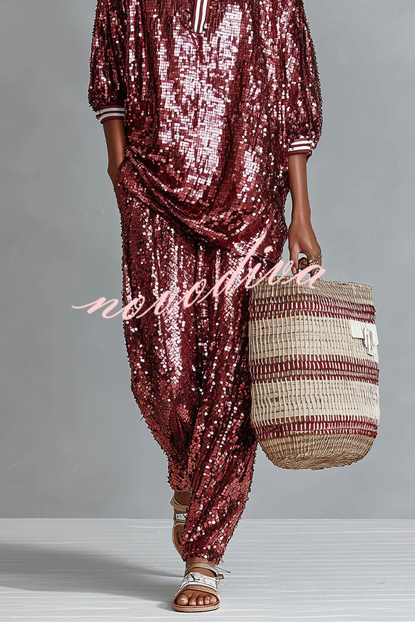 Holiday Honey Sequin Striped Trim Half Sleeve Loose Shirt and Elastic Waist Pocket Wide Leg Pants Set